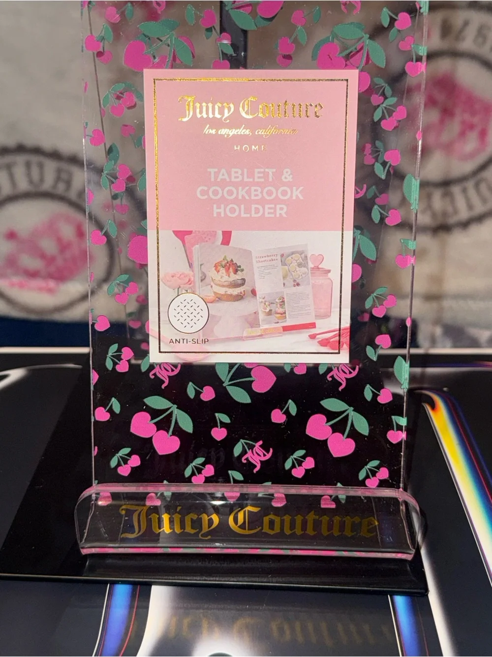 Juicy Couture Home Pink Cherry Tablet & Cookbook Holder Acrylic Recipe Stand